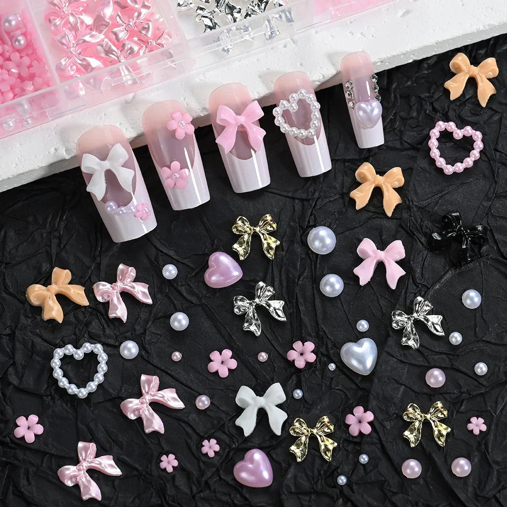 12Grids 3D Multi-Colors Ribbon Flower Nail Art Charms Simulated Perals Love,Metal Bowknot Nail Decoration DIY Manicure Accessory