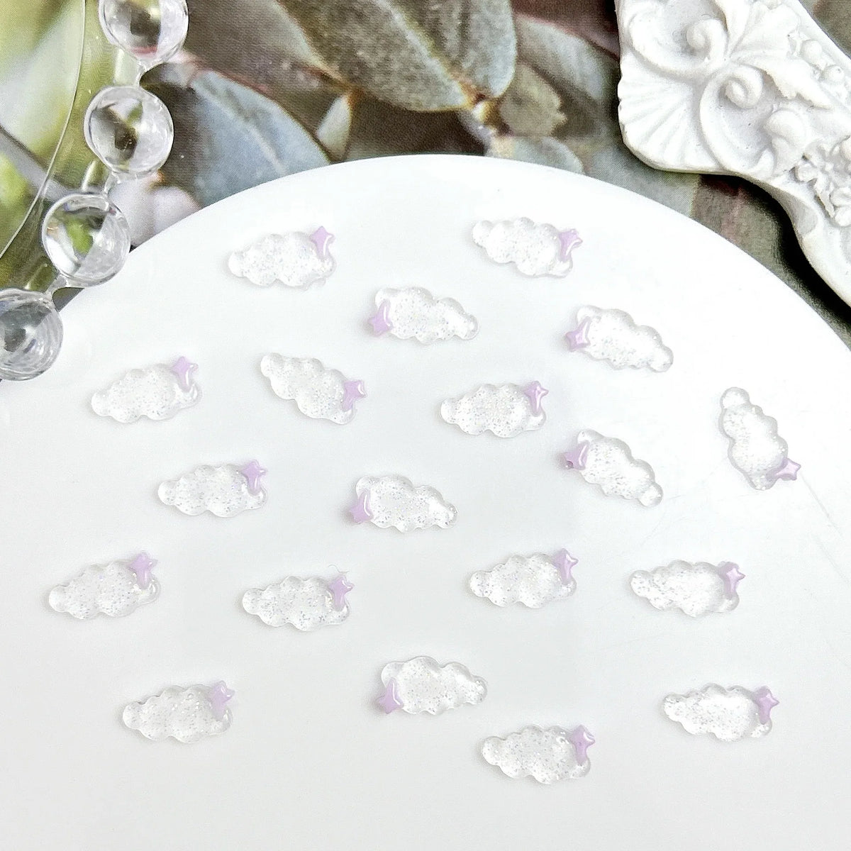 50PCS Transparent Resin Moon Cloud Nail Art Charms with White Purple Sparkling Four-pointed Star Nail Decoration DIY Nail Crafts