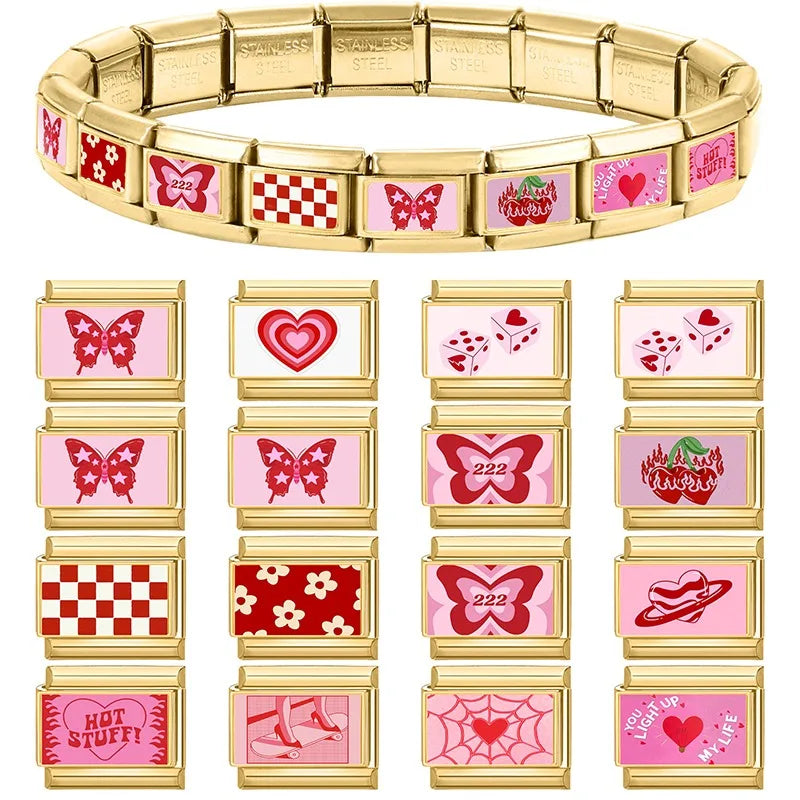 Y2K Wholesale 777 Flowers Dachshund Dogs Gold Italian Charm Link Fit 9mm Stainless Steel Jewelry DIY Making Women Bracelets Gift