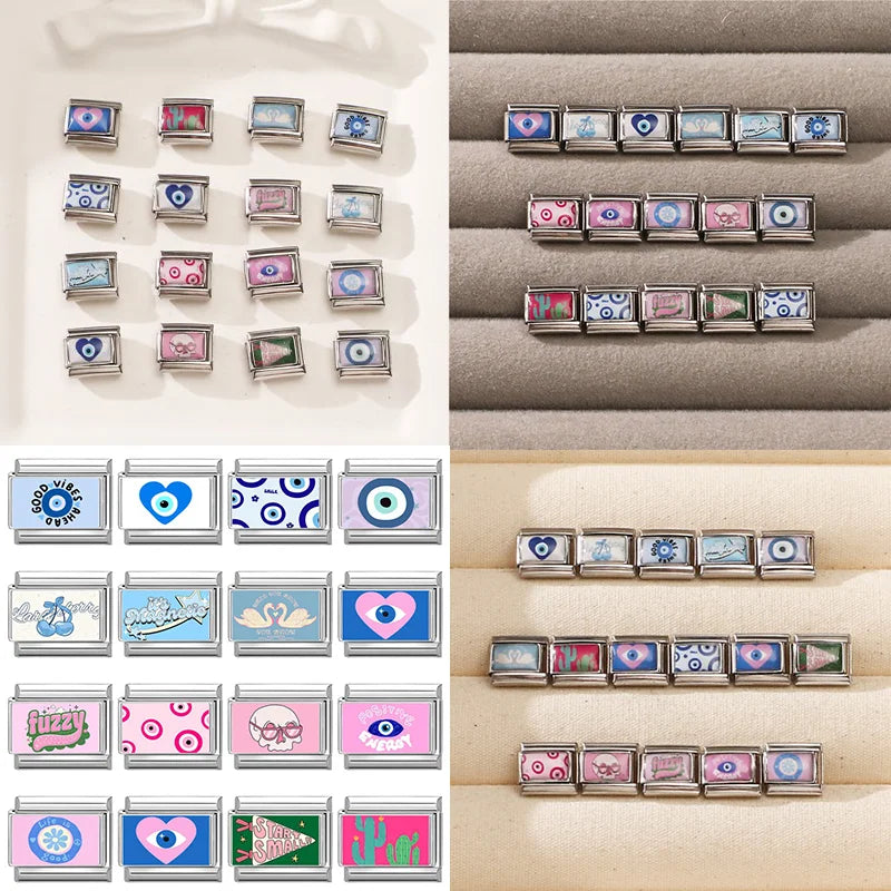 Wholesale New 2025 Devil Eye Blue Eye Heart Square Beads fit Italian Charm Links 9mm Stainless Steel Bracelet Jewelry DIY Making