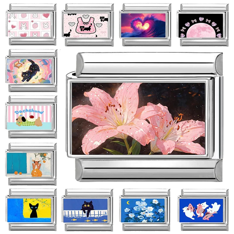 Y2K Beautiful Pink Lily Flowers Moon Cats Italian Charms Fit 9mm Stainless Steel Women Men Bracelet DIY Making Jewelry Wholesale