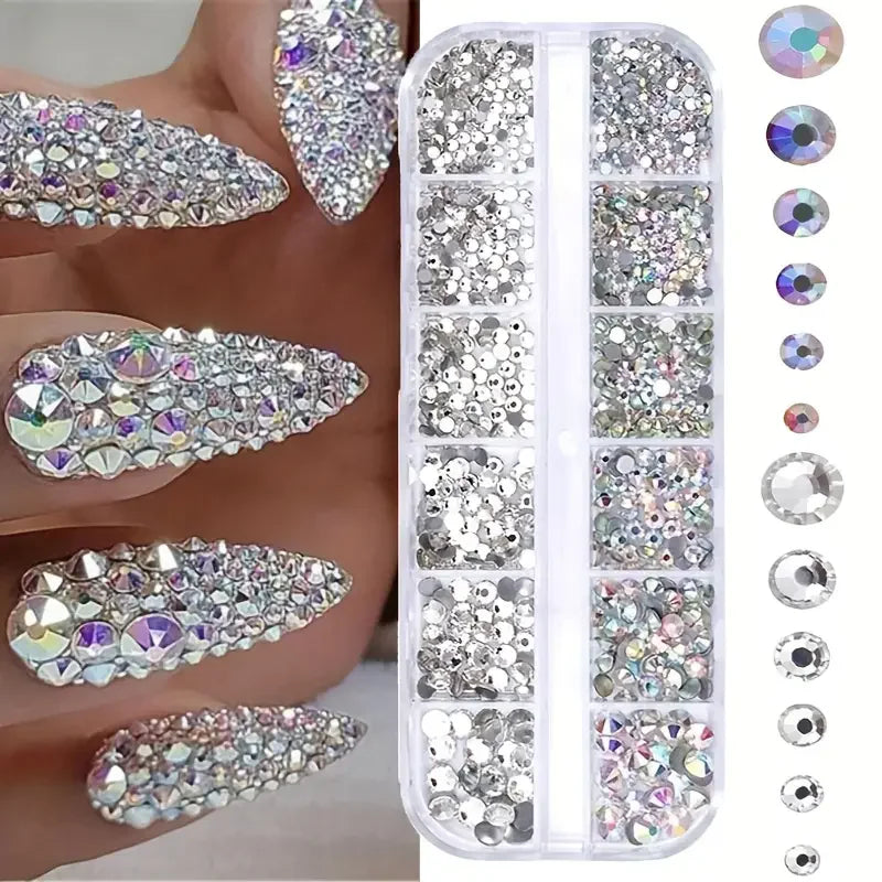 Boxed 3D Flat Back Nail Rhinestones Nail Gems Glass AB & Clear Crystal Rhinestones Kit Nail Art Charms DIY Manicure Accessories