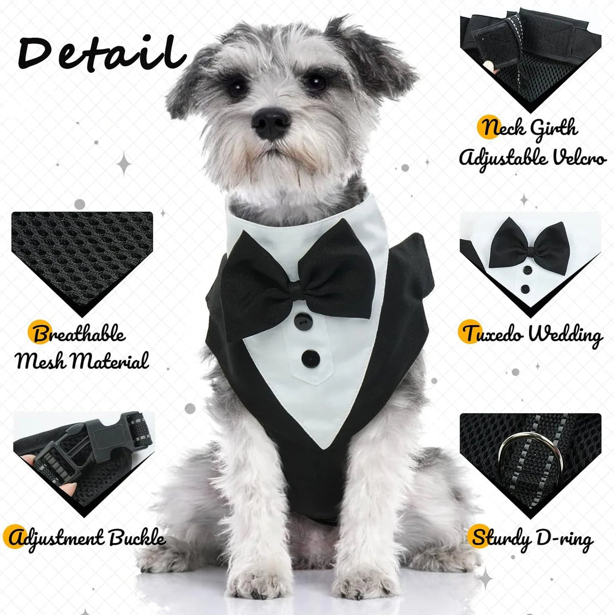 Dog Tuxedo Harness Engagement Birthday Valentines Wedding Costume Adjustable Bow Tie Pet Vest Harness for Small Medium Dogs
