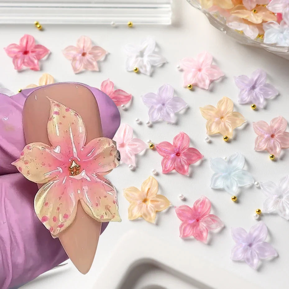 30/100 pcs Crystal Flowers Nail Art Charms 5D Embossed Ice Lily Petals White Pearls Golden Steel Balls Nail Decoration Supplies
